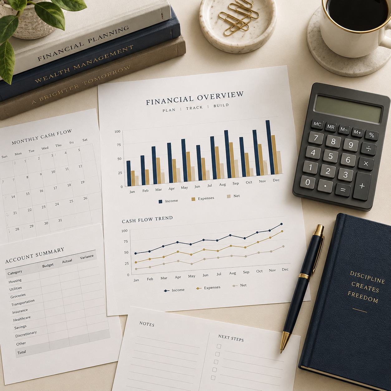 Illustrative cash-flow charts, planning sheets, and calculator