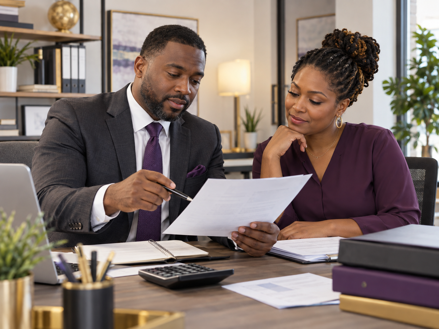 Tax professional reviewing documents with a business owner